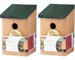 2x Houten vogelhuisje/nestkastje met groen dak 22 cm - Vogelhuisjes tuindecoraties