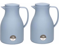 2x Koffiekannen/isoleerkannen blauw met drukknop 1 liter - 1 liter - Keukenbenodigdheden - Koffie/thee kannen voor o.a. op de camping/onderweg