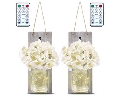 2x LED Lichterkette - Vintage Mason Jar Wandleuchte - Shabby Chic Dekoration - 2m 20 LED Lichterketten met Holzsockel & Fernbedienung