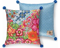 2x Leuke Gevulde Sierkussen Met Een Kleurrijke Print Multi | 50x50 | Dubbelzijdig | Met Pom Poms