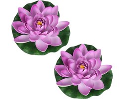 2x Lila paarse drijvende kunst waterlelie bloemen 18 cm - Tuinaccessoires - Vijverbenodigdheden - Vijverdecoratie - Nep/kunst bloemen/planten - Waterlelies