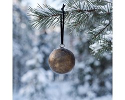 2x Luxe Kerstbal metaal antiek brons Ø 5cm handgemaakt met fluwelen lint - Industriële kerstboom versiering - Moderne kerstdecoratie