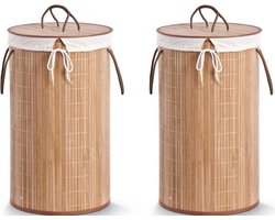 2x Luxe ronde bruine wasmanden van bamboe hout 35 x 60 cm - Zeller - Huishouding/huishouden - Schoonmaakartikelen - Was sorteren/verzamen - Wasgoedmanden/wasmanden - Ronde wasmanden