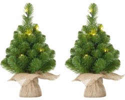 2x Mini kunst kerstboom met 10 LED lampjes 45 cm - Mini kerstboompjes