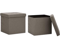 2x Opbergkrukken Met Afneembare Deksel - Inklapbare Opbergbox/Zitbank - Taupe Linnenlook