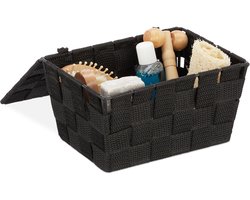 2x opbergmand met deksel - zwart - mandje - kastmand - kunststof - voor badkamer