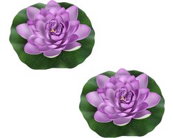 2x Paarse drijvende kunst waterlelie bloemen 18 cm - Tuinaccessoires - Vijverbenodigdheden - Vijverdecoratie - Nep/kunst bloemen/planten - Waterlelies