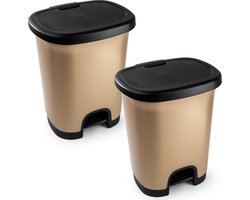 2x plasticforte vuilnisbak pedaalemmer - goud/zwart - 18 liter - 33 x 28 x 40 cm - kunststof - afvalbak - keuken - kantoor - badkamer- toilet
