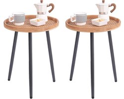 2x Ronde Rotan Bijzettafel Set - Houten Salontafel & Nachtkastje voor Woonkamer, Slaapkamer of Kleine Ruimte