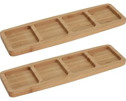 2x Serveerplanken/borden 4-vaks van bamboe hout 33 cm - Keuken/kookbenodigdheden - Tapas/hapjes presenteren/serveren - Vakkenbord/plank - Serveerborden/serveerplanken