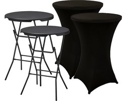 2x Statafel + Zwarte Statafelrok x 2 – 80 cm Dia x 110 cm hoog – Cocktailtafel – Hoge staan tafel – Breed Blad – Inclusief Zwarte Statafelhoes – Staantafelrok Stretch Rok – Horeca Statafel Zwart met Staantafelhoes Zwart