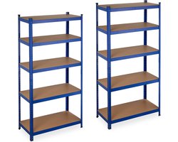 2x stellingkast metaal - opbergrek 5 etages - 180 cm - legbordstelling blauw