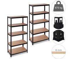 2x stellingkast zwart - opbergrek 5 etages - rek voor garage - metaal - MDF