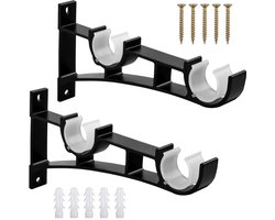 2x Steunbeugels Voor Dubbele Gordijnroedes - Zware Metaal - Zwart