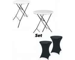 2x Stevige Statafel INCl 2x Zwarte Statafelrok - Partytafel - Robuust en Weersbestendig - Inklapbaar - 80cm x 110cm - Feest - Wit/Zwart