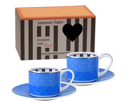 2x Stijlvol Koffie / Thee Kopjes met Schotel 90ml – Lichtblauw met Gouden Stippen – Luxe Cadeau – Perfect voor Espresso & Cappuccino