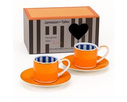 2x Stijlvol Koffie / Thee Kopjes met Schotel 90ml – Oranje met Gouden Stippen – Luxe Cadeau – Perfect voor Espresso & Cappuccino