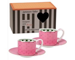 2x Stijlvol Koffie / Thee Kopjes met Schotel 90ml – Roze met Gouden Stippen – Luxe Cadeau – Perfect voor Espresso & Cappuccino