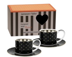 2x Stijlvol Koffie / Thee Kopjes met Schotel 90ml – Zwart met Gouden Stippen – Luxe Cadeau – Perfect voor Espresso & Cappuccino