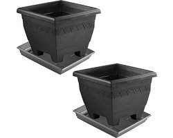 2x stuks antraciet grijze plantenbakken/bloembakken met onderschaal/water opvang bord - formaat 30 x 30 x 23.5 cm