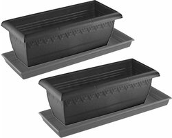 2x stuks antraciet grijze plantenbakken/bloembakken met onderschaal/water opvang bord - formaat 50 x 20 x 16 cm