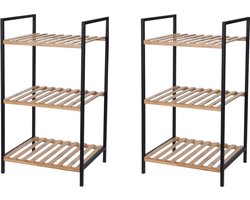 2x stuks bamboe houten badkamer kastjes/trolley 70 cm - Badkamermeubels/badkamerkasten - Bijzetkastje met 3 plankjes