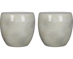 2x stuks bloempot in kleur shiny lightgrey stone keramiek voor kamerplant H31 x D33 cm- plantenpotten binnen