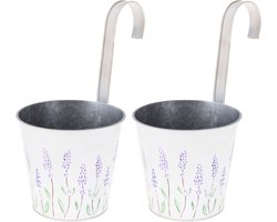 2x stuks bloempotten/plantenbakken zinken emmer met ophanghaak creme wit met lavendel 14x13x26 cm - Balkon/schutting plantenpot