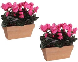 2x stuks cyclaam balkon kunstplanten roze in keramieken pot L29 x B13 x H33 cm - Kunstplanten/nepplanten/balkonplanten