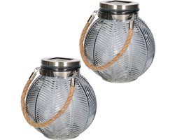 2x stuks grijze solar lantaarn van gestreept glas rond 16 cm - Tuinlantaarns - Solarverlichting - Tuinverlichting