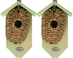 2x Stuks houten vogelhuisje/nestbuidels zeegras 26 cm - Vogelhuisjes tuindecoraties - Winterkoning nestje