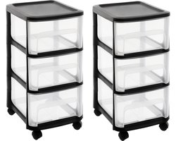 2x stuks ladenkast organizers zwart A4 3x lades met wieltjes L32 x B37 x H61 cm - Ladenblokken