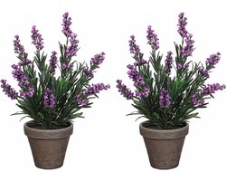 2x stuks lavendel kunstplanten/kamerplanten paars in grijze sierpot H33 cm x D20 cm - Kunstplanten/nepplanten