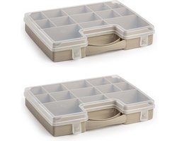 2x stuks plasticforte opbergkoffertje - 13-vaks - taupe - opbergkoffer - sorteer box - 27,5 x 20,5 x 3 cm