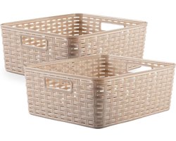 2x stuks rotan gevlochten opbergmand/opbergbox kunststof - Taupe - 28 x 36 x 13.5 cm - Kast mandjes