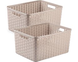 2x stuks rotan gevlochten opbergmand/opbergbox kunststof - taupe - 38 x 28 x 19 cm - Kast mandjes