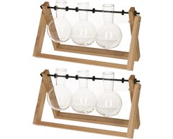 2x stuks stekset van hout 25 x 14 cm met 3 glazen vaasjes 11 x 6 cm - woondecoratie / woonaccessoires