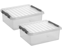 2x stuks sunware q-line opberg box/opbergdoos - 25 liter - 50 x 40 x 18 cm - kunststof - opslagbox - transparant/zilver