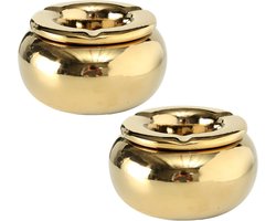 2x stuks Terras storm asbak metallic goud kleur 14 cm breed - Geschikt voor binnen en buiten