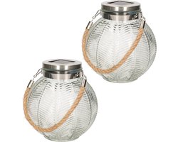 2x stuks transparante solar lantaarn van gestreept glas rond 16 cm - Tuinlantaarns - Solarverlichting - Tuinverlichting