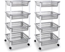 2x stuks zilverkleurige opberg trolleys/roltafels met 4 manden 40 x 50 x 85 cm - Etagewagentje/karretje met opbergkratten