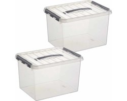2x sunware q-line opberg box/opbergdoos - 22 liter - 40 x 30 x 26 cm - kunststof - opslagbox - transparant/zilver