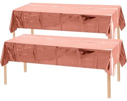 2x Tafelkleed Laken Verjaardag Versiering Tafeldecoratie Feest Glansend Rosegoud Tafellaken Plastic Tafelzeil 183*137cm