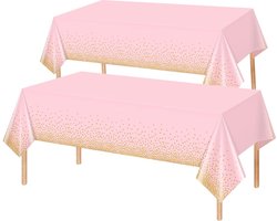 2x Tafelkleed Laken Verjaardag Versiering Tafeldecoratie Feest Roze/Goud Stippen Tafellaken Plastic Tafelzeil 274*137cm
