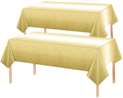 2x Tafelkleed Laken Verjaardag Versiering Tafeldecoratie Feest Wit/Goud Glitter Tafellaken Plastic Tafelzeil 274*137cm
