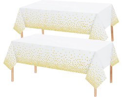 2x Tafelkleed Laken Verjaardag Versiering Tafeldecoratie Feest Wit/Goud Stippen Tafellaken Plastic Tafelzeil 274*137cm
