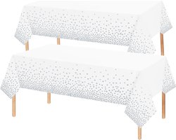 2x Tafelkleed Laken Verjaardag Versiering Tafeldecoratie Feest Wit/Zilver Stippen Tafellaken Plastic Tafelzeil 274*137cm