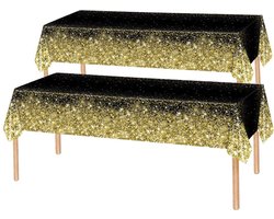 2x Tafelkleed Laken Verjaardag Versiering Tafeldecoratie Feest Zwart/Goud Glitter Tafellaken Plastic Tafelzeil 274*137cm