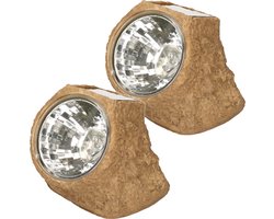 2x Tuinlampje Solar nepsteen in het bruin - Tuin spotjes op zonne-energie - lichtgevende stenen 11 x 12 cm