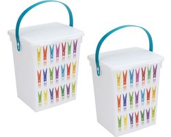 2x Wasknijper bewaarboxen turquoise hengsel 5 liter 23 x 18 cm - Huishoud producten - Wasknijpers opbergen - Wasknijperboxen